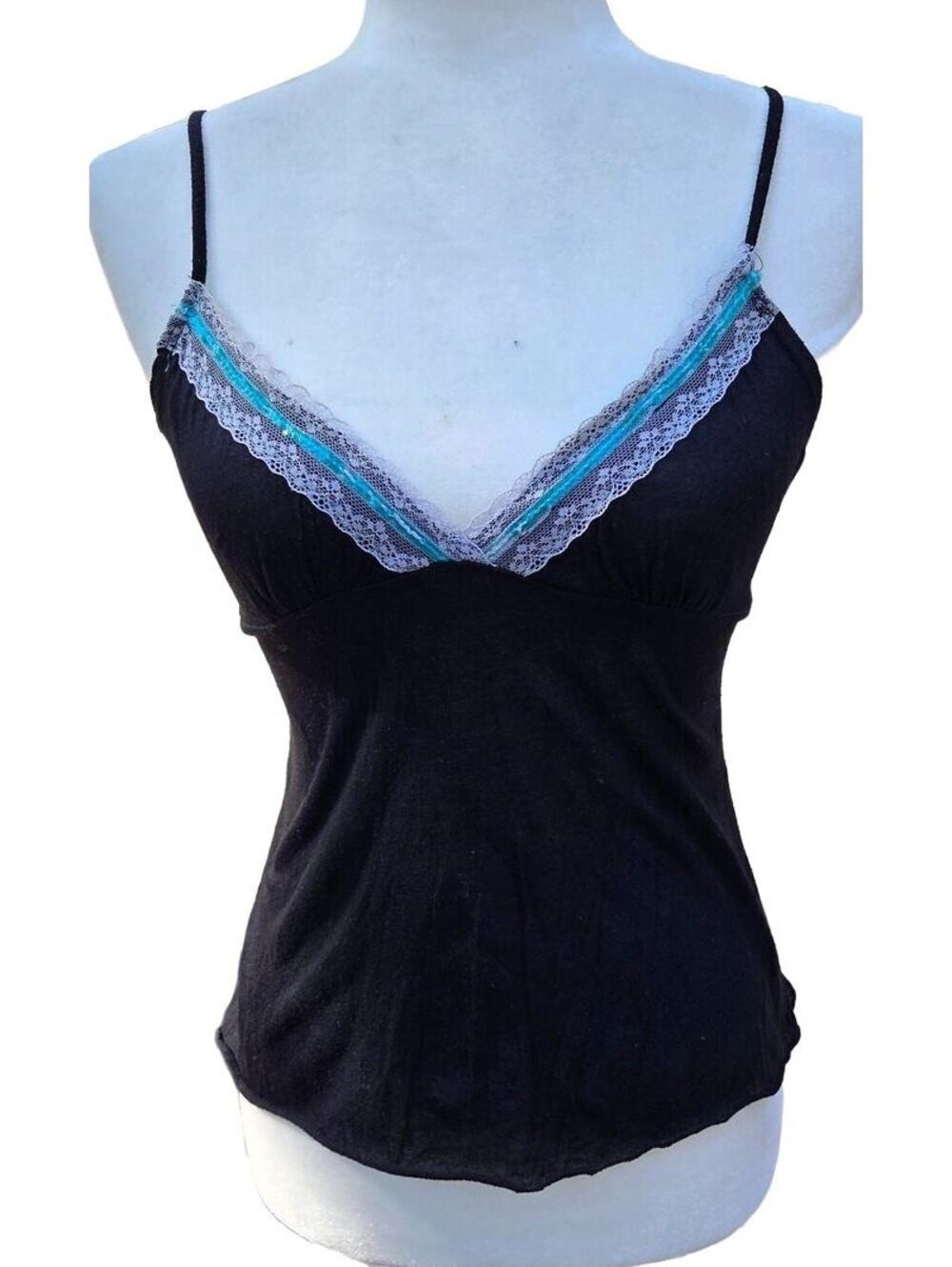 Vintage Black Camisole Lace Trim Teal Sequins Y2K Indie Sleaze Fairycore Small